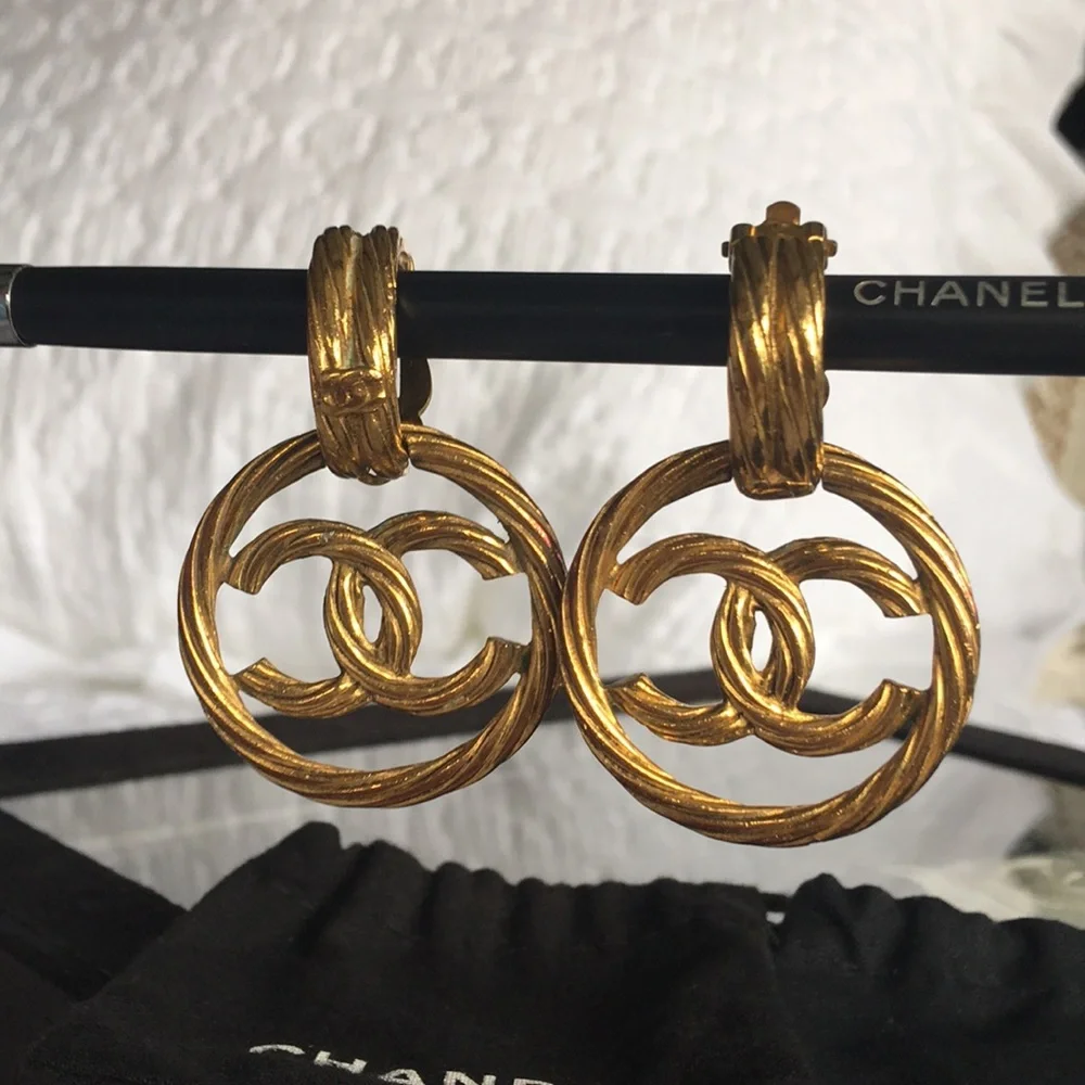Chanel Gold-Tone Double C Drop Earrings